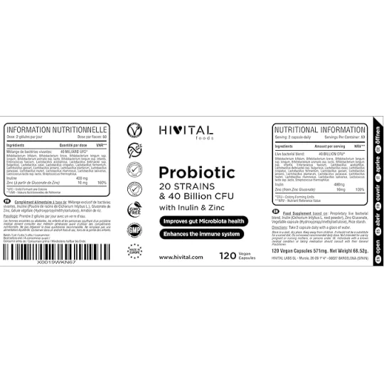 Hivital Foods Probiotique 20 SOUCHES 40 MILLIARDS UFC. 120 gélules