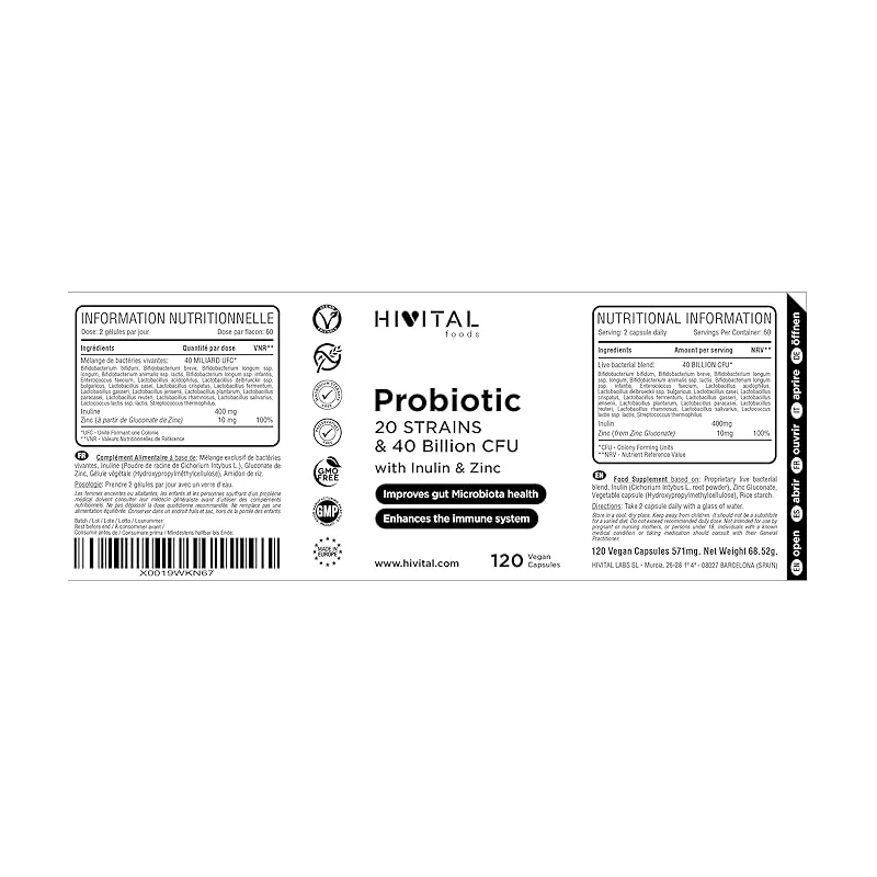 Hivital Foods Probiotique 20 SOUCHES 40 MILLIARDS UFC. 120 gélules