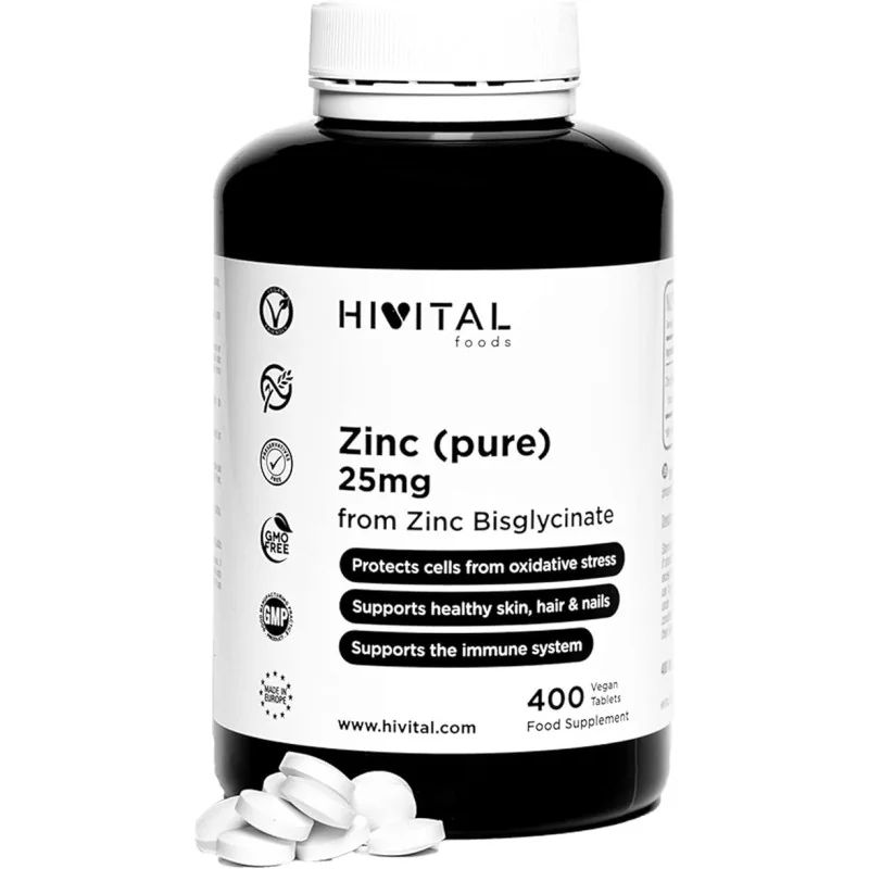 Hivital Foods Zinc 25 mg de Bisglycinate de Zinc 400 comprimés