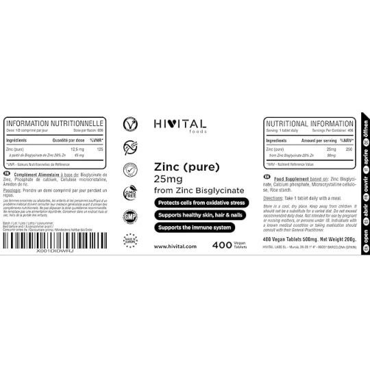 Hivital Foods Zinc 25 mg de Bisglycinate de Zinc 400 comprimés