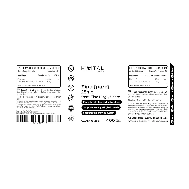 Hivital Foods Zinc 25 mg de Bisglycinate de Zinc 400 comprimés