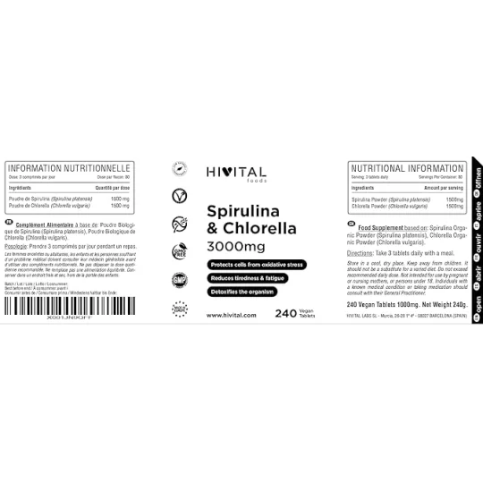 Hivital Foods Spiruline et Chlorella BIO 3000 mg. 240 comprimés